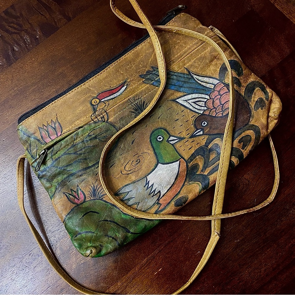 Rare Hard to Find Hand Painted Leather Purse Bird Motif  Emily Ann